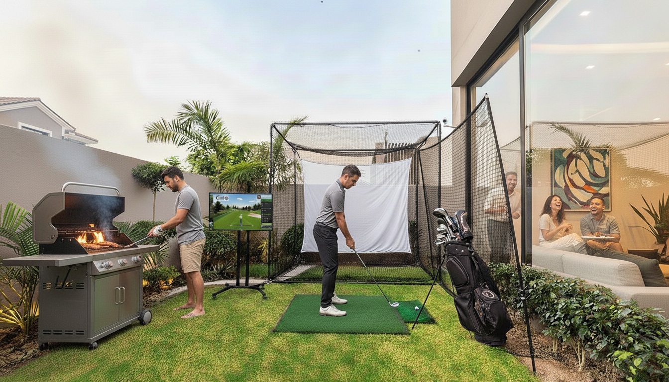 Simulador de golf móvil en evento privado en jardín residencial de Metepec, Valle de Toluca